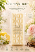 ALIA Morning Light wax melt bar inspired by fresh summer mornings, featuring lemon verbena, lemongrass, freesia, pink peony, white flowers, ylang ylang, peach flesh, coffee and incense. Hand poured in Yorkshire, vegan-friendly, paraben-free and phthalate-free home fragrance.