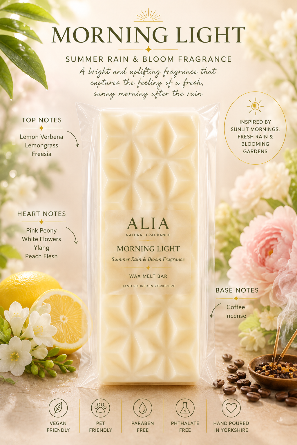 ALIA Morning Light wax melt bar inspired by fresh summer mornings, featuring lemon verbena, lemongrass, freesia, pink peony, white flowers, ylang ylang, peach flesh, coffee and incense. Hand poured in Yorkshire, vegan-friendly, paraben-free and phthalate-free home fragrance.