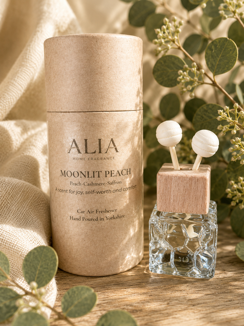 Moonlit Peach Vent Clip Car Air Freshener with juicy peach, soft fruit and vanilla notes, designed to fragrance vehicles through airflow from car vents.