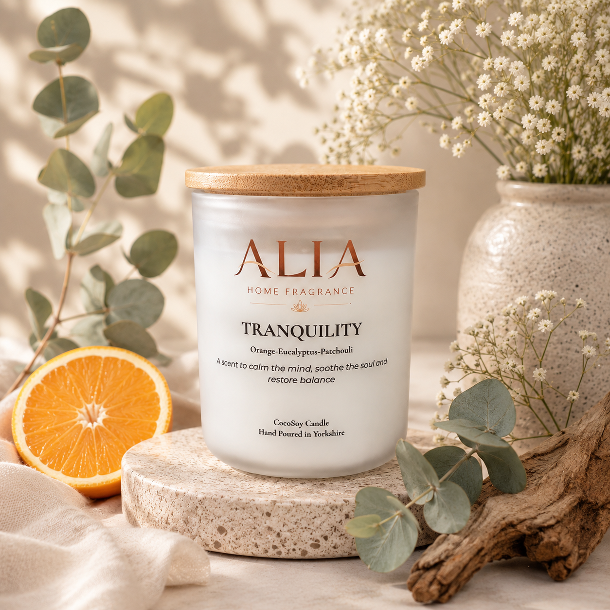 Tranquility hand poured CcoSoy candle in frosted jar with bamboo lid