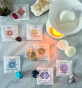 Chakra wax melt gift set using soy wax blend and essential oil blends to aid energy work and chakra balancing