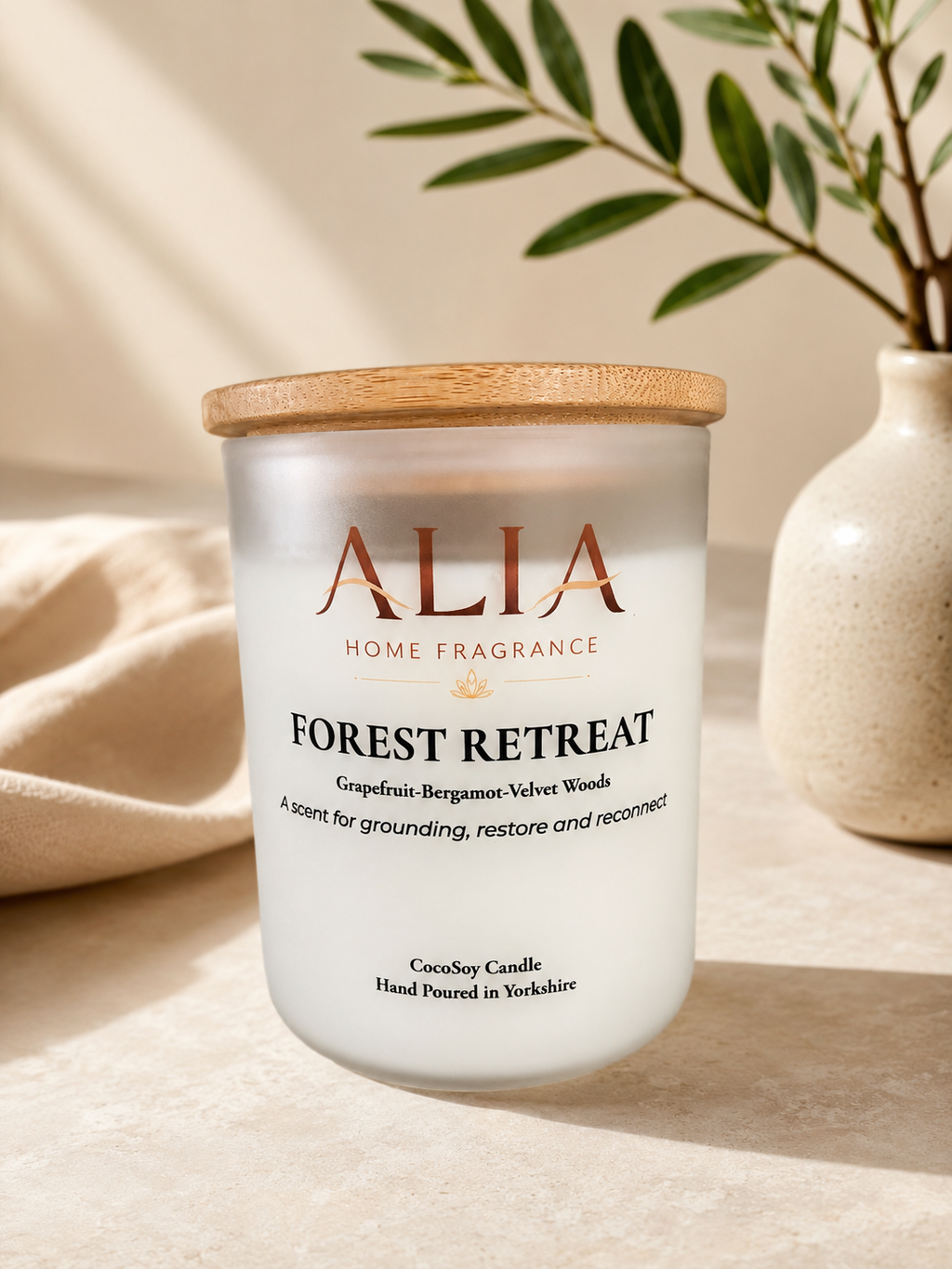 Forest Retreat Cocosoy Candle hand-poured in Yorkshire with vegan coconut soy wax, luxury woodland-inspired home fragrance candle in amber glass jar.