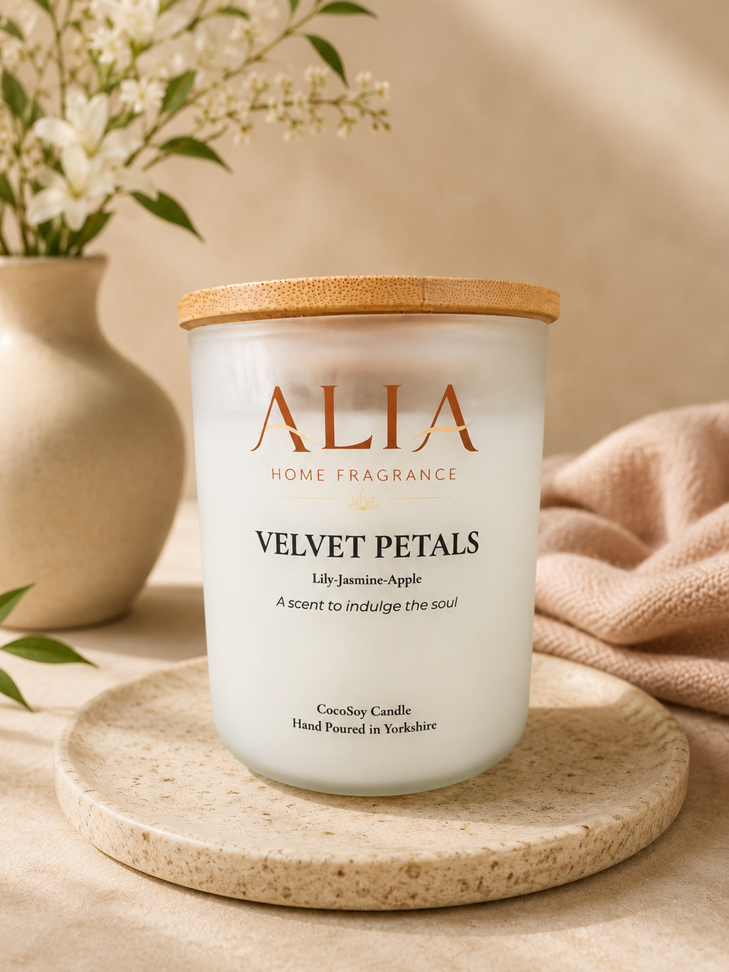 Velvet Petals Cocosoy Candle hand-poured in the UK with floral rose and peony fragrance, luxury natural wax candle for home fragrance and relaxation.