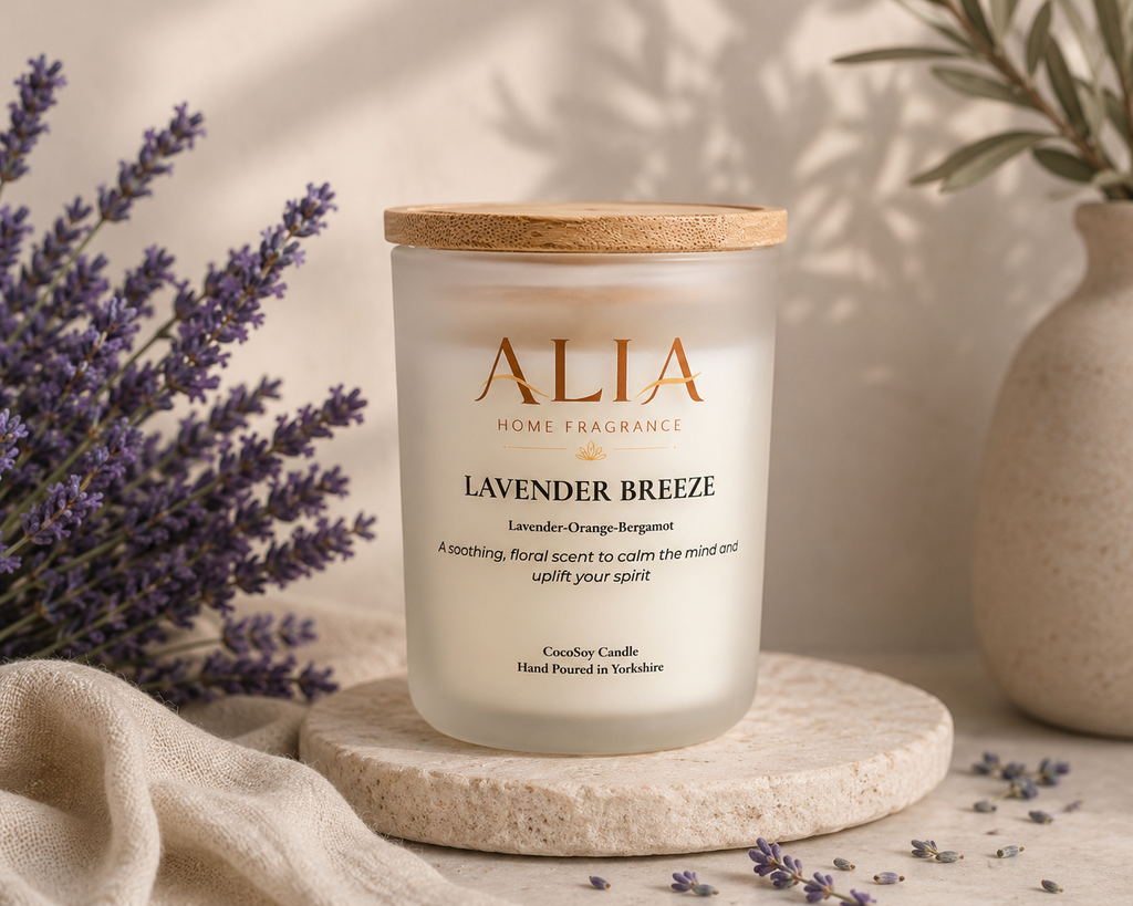 A lavender scented cocosoy candle in a frosted glass jar with bamboo lid