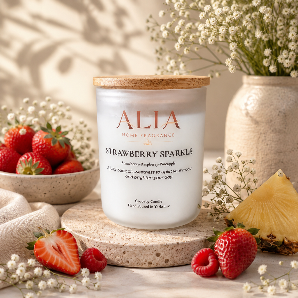 Strawberry fizz cocosoy candle in a frosted glass jar with bamboo lid