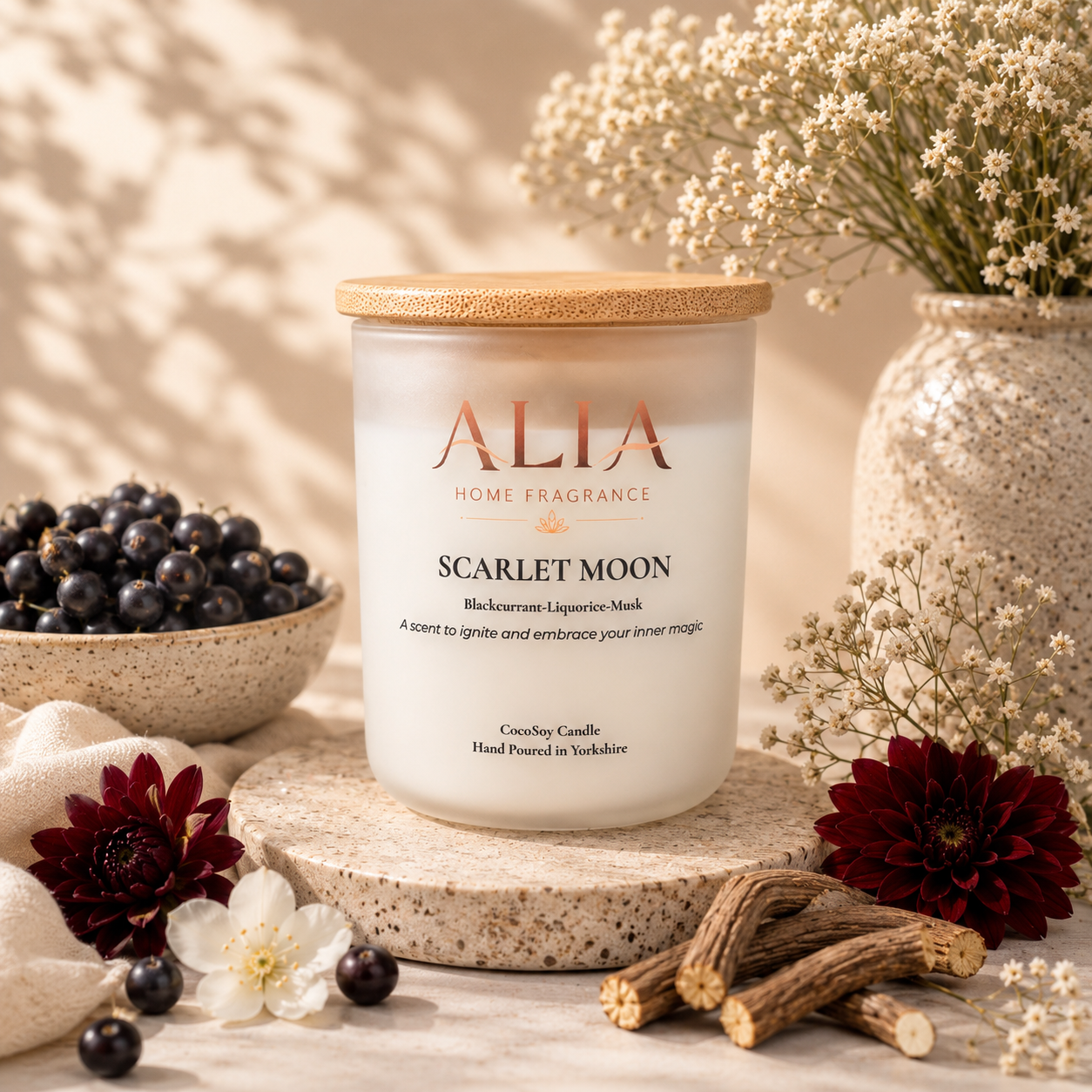 Blackcurrant scented Cocosoy candle in a frosted glass jar with bamboo lid