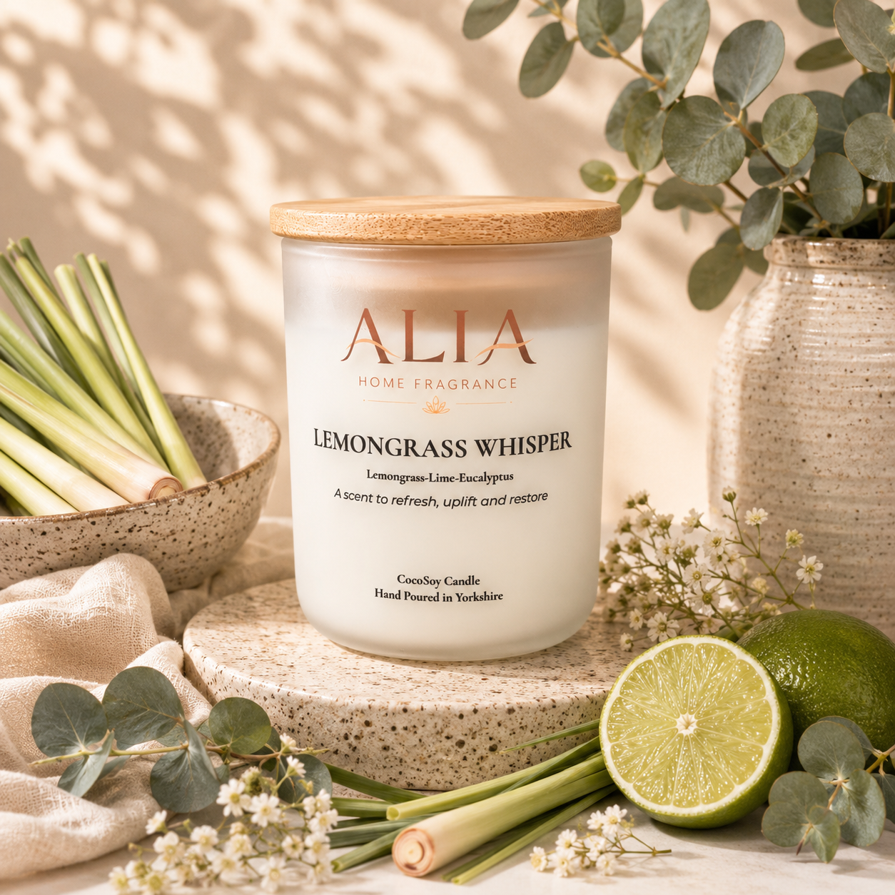 Lemongrass and lime spa like fragrance in a cocosoy candle in a frosted glass jar with bamboo lid
