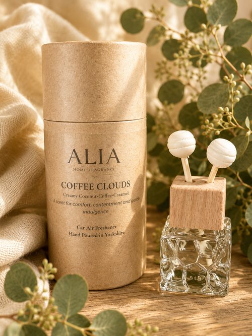 Coffee Clouds Vent Clip Car Air Freshener featuring rich coffee, cream, caramel and vanilla notes, designed to fragrance vehicles through airflow from car vents.