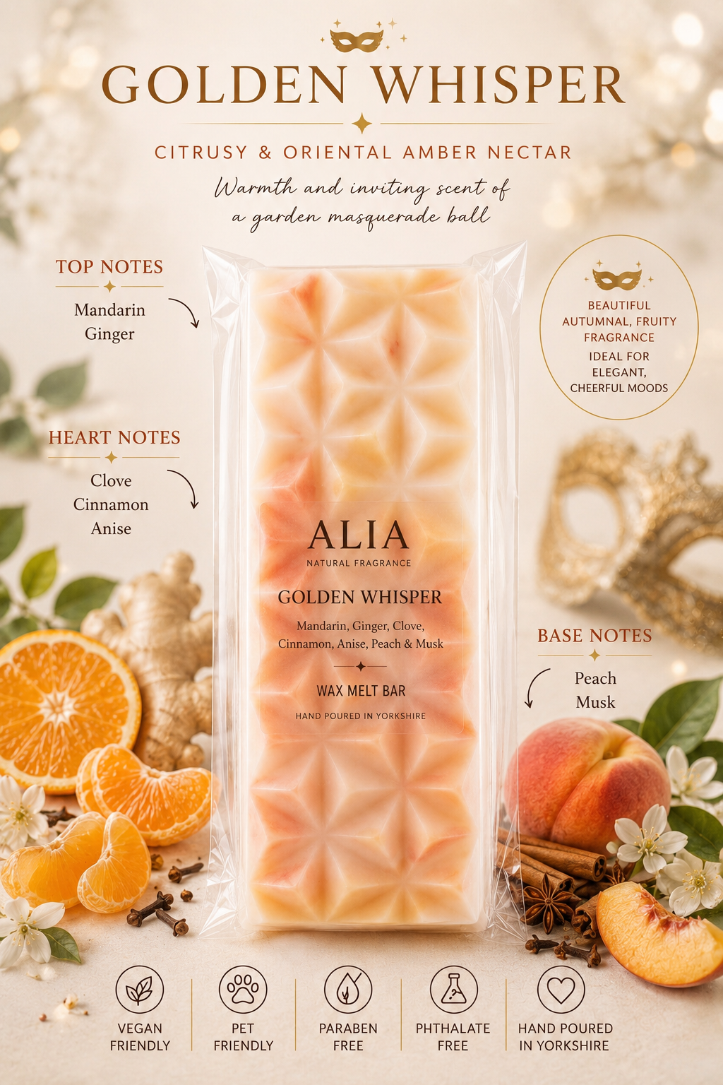 ALIA Golden Whisper wax melt bar with mandarin, ginger, clove, cinnamon, anise, peach and musk fragrance notes. Hand poured in Yorkshire, vegan-friendly, paraben-free and phthalate-free home fragrance with elegant autumn styling