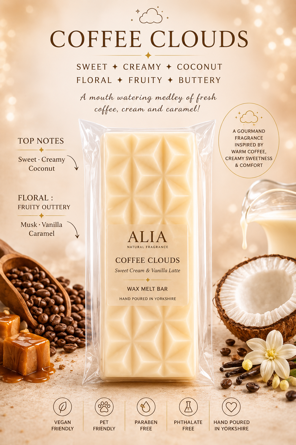 ALIA Coffee Clouds wax melt bar with sweet cream, coconut, floral, fruity, buttery, musk, vanilla and caramel fragrance notes. Hand poured in Yorkshire, vegan-friendly, paraben-free and phthalate-free home fragrance inspired by fresh coffee, cream and caramel.