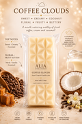 ALIA Coffee Clouds wax melt bar with sweet cream, coconut, floral, fruity, buttery, musk, vanilla and caramel fragrance notes. Hand poured in Yorkshire, vegan-friendly, paraben-free and phthalate-free home fragrance inspired by fresh coffee, cream and caramel.