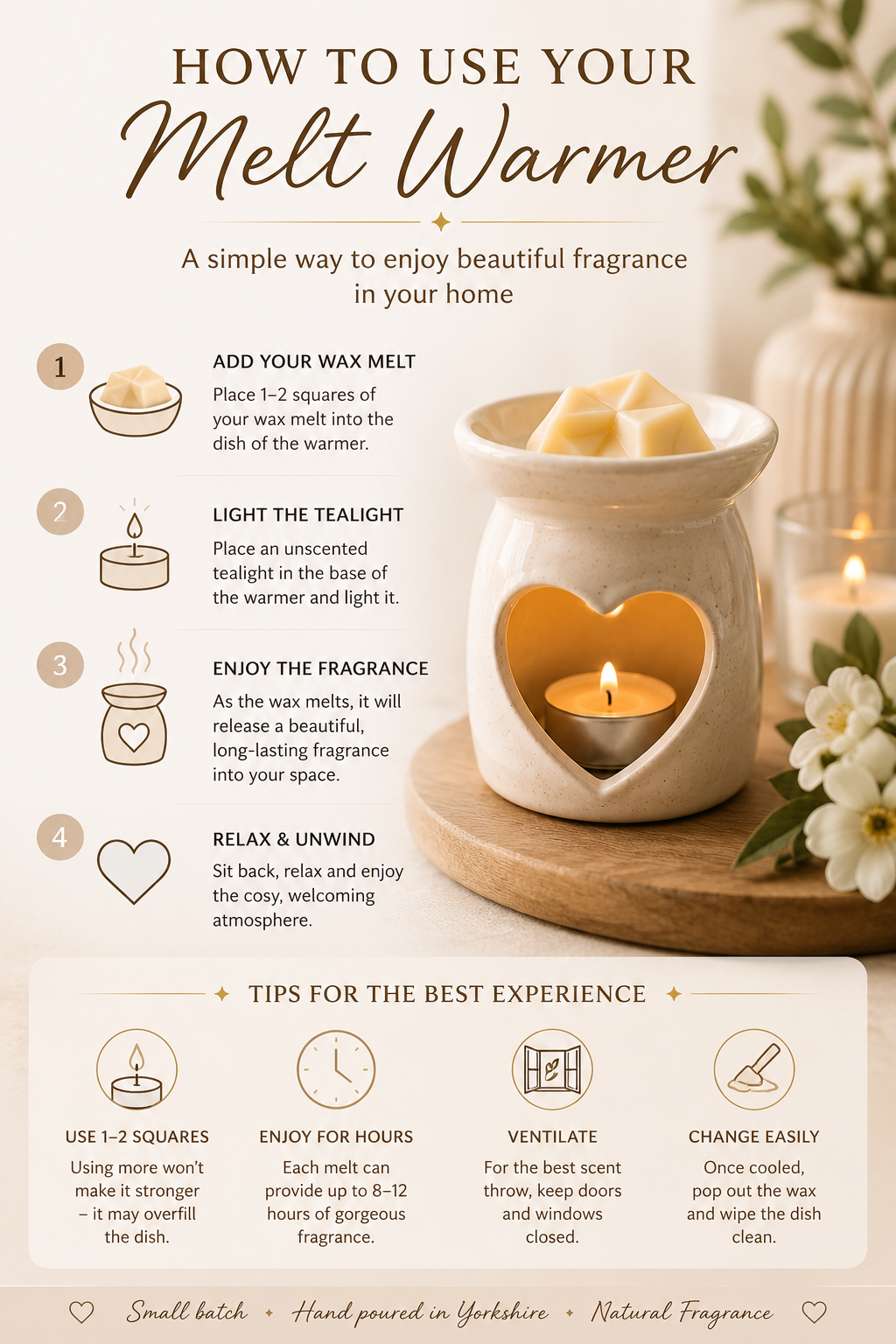 How to use a wax melt warmer infographic by ALIA Natural Fragrance with step-by-step instructions for using wax melts safely and effectively, including fragrance tips, tealight guidance, and wax removal advice.