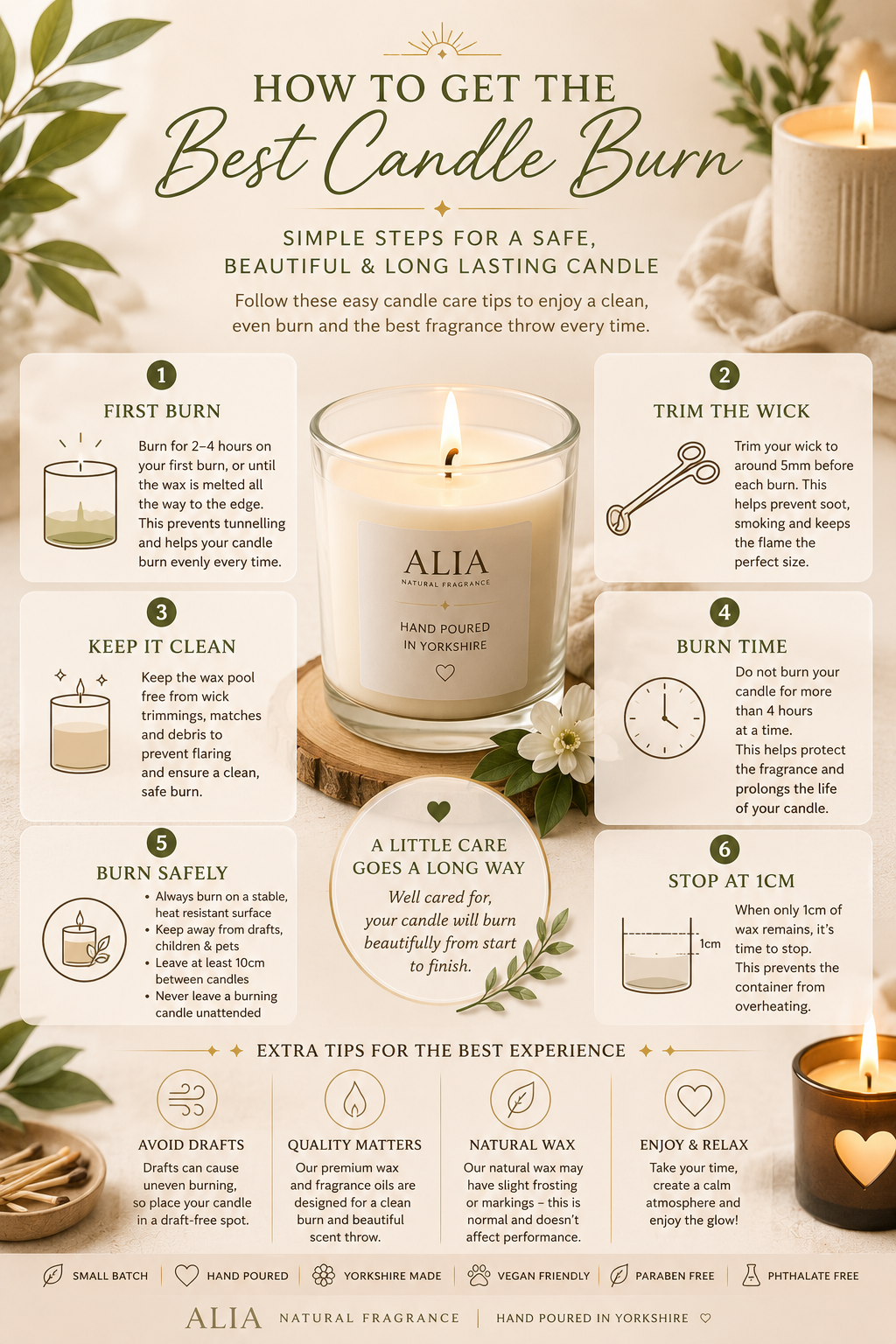 ALIA Natural Fragrance candle care infographic with step-by-step tips for the best candle burn, including full melt pool, wick trimming, burn times, wax pool care and candle safety for a cleaner, longer-lasting fragrance experience.